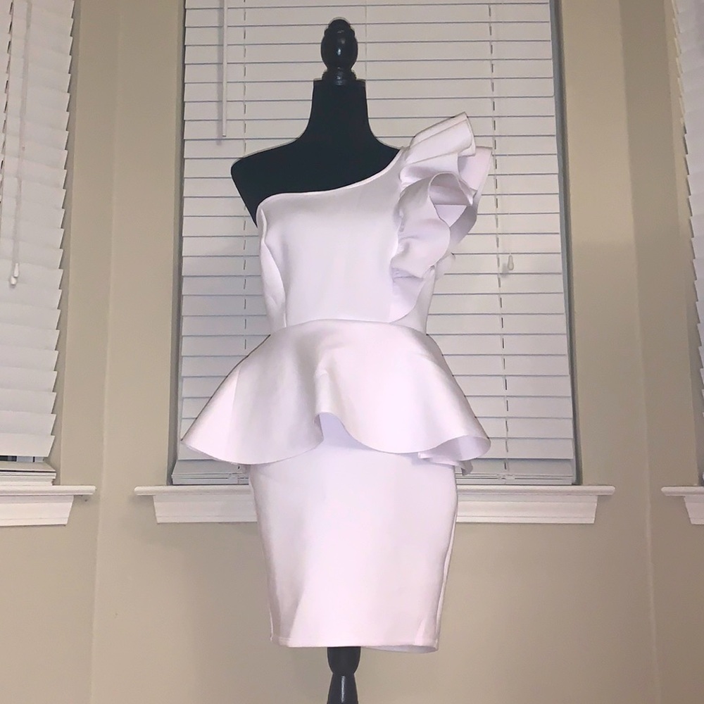 One Shoulder White Scuba Knit Mini Fashion Figure